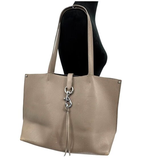 Rebecca Minkoff Megan Tote Bag Shoulder Strap Pebble Leather Rocher Purse Silver - Picture 1 of 8
